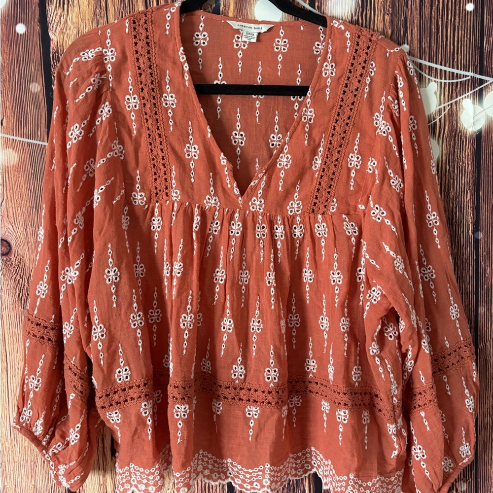 American Eagle Outfitters Terracotta Embroidered Blouse